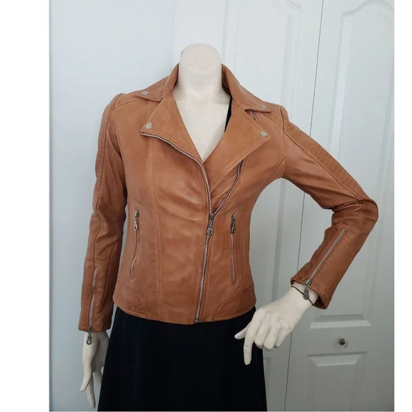 BNWT Stradivarius  Sheep Leather Motorcycle style Fitted Brown Jacket Small - Picture 2 of 14